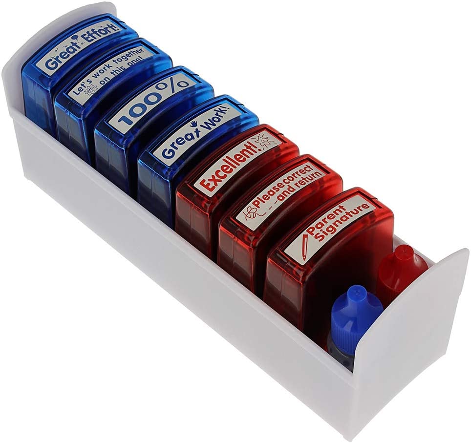 Teacher Stamp Set -7 Stamps -Red &amp; Blue Refill Ink - Storage Tray Included