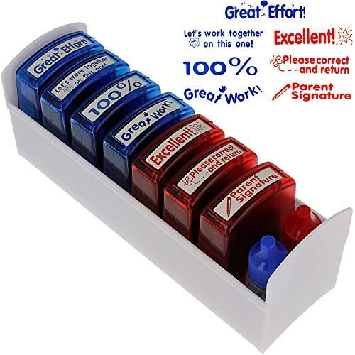 Teacher Stamp Set -7 Stamps -Red &amp; Blue Refill Ink - Storage Tray Included