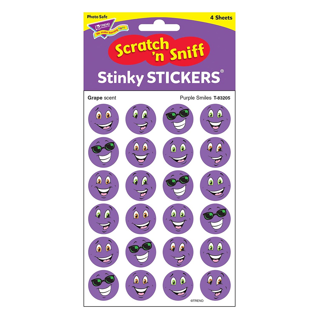 Purple Smiles, Grape scent Scratch 'n Sniff Stinky Stickers (96 Stickers)