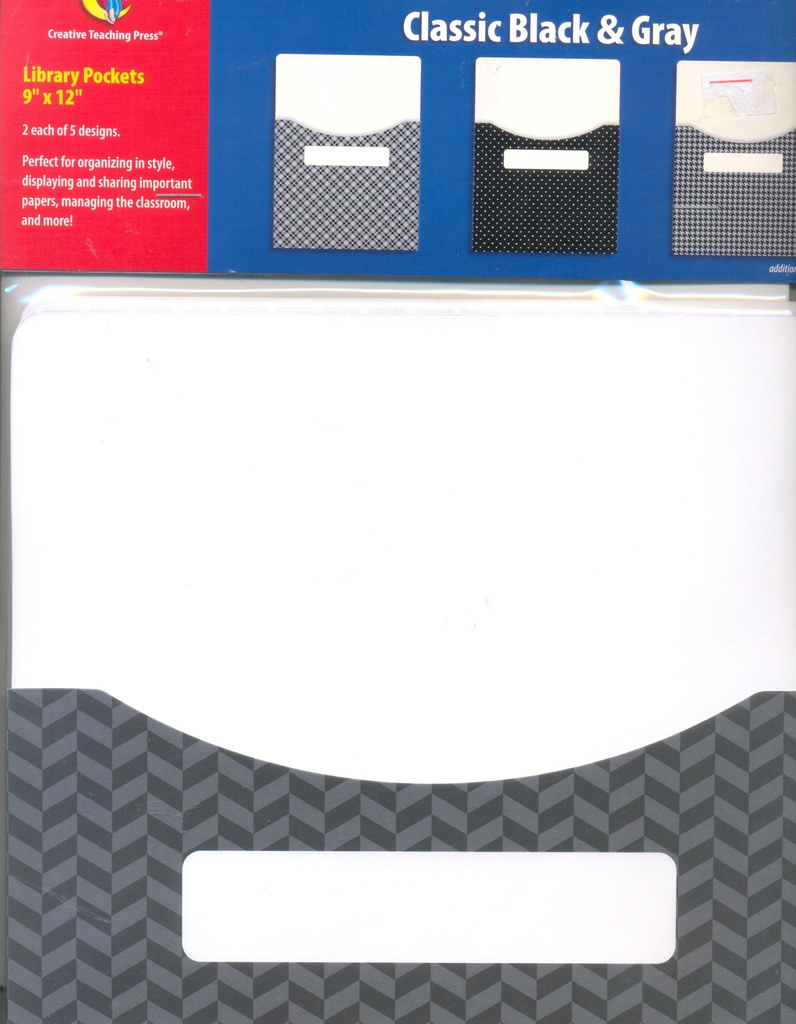 CLASSIC BLACK &amp; GRAY LIBRARY POCKETS- Ex Lg 23cm x 30cm (10 pockets)