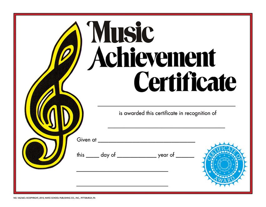 Music Achievement Certificate (23cmx 30cm)   (25  pk.)