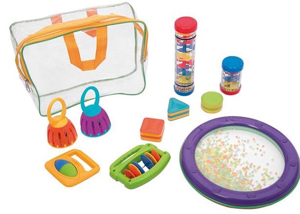 EARLY YEARS MUSIC SET(10pcs)(2 hand bells,2 grip rattles,3 hand shakers,2 rainmakers and an ocean drum in a zipped storage bag)