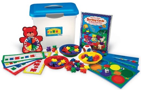 Three Bear Family Sort, Pattern &amp; Play Activity Set ( 96 Three Bear Family Counters, sorting bowls, color cube, number cube, pattern cards, double-sided activity cards, and bear game spinner)