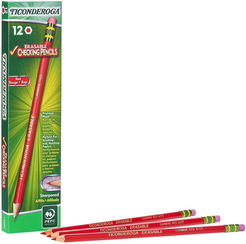 TICONDEROGA Erasable Checking Pencil -Presharpened-Red- 12 pcs