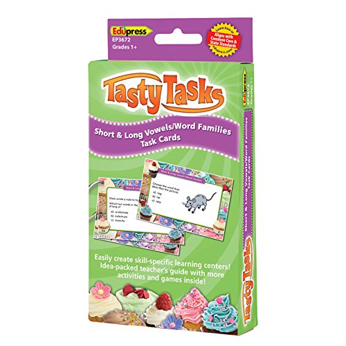 Tasty Task Cards, Short &amp; Long Vowels/Word Families 96 Pracice Questions (48 double sided cards)