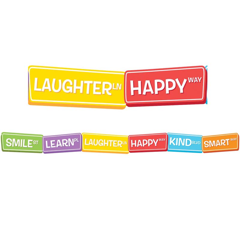 A TEACHABLE TOWN HAPPY STREET SIGNS  EXTRA-WIDE Border 37' x 3.25&quot;  (11.25m x 8.25cm)