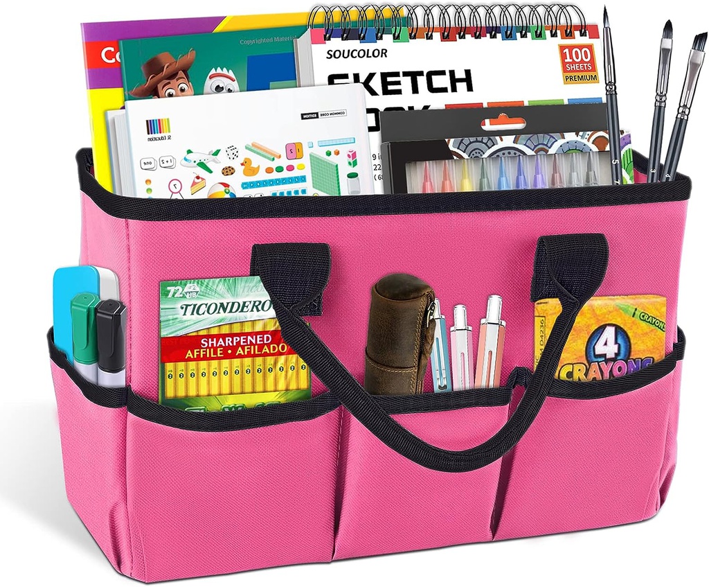 Teacher Helper Tote Bag/Desktop Tote (13.6x5.7x8.7 inches)(34.5cm x 14.5cm x 22cm) PINK/BLACK