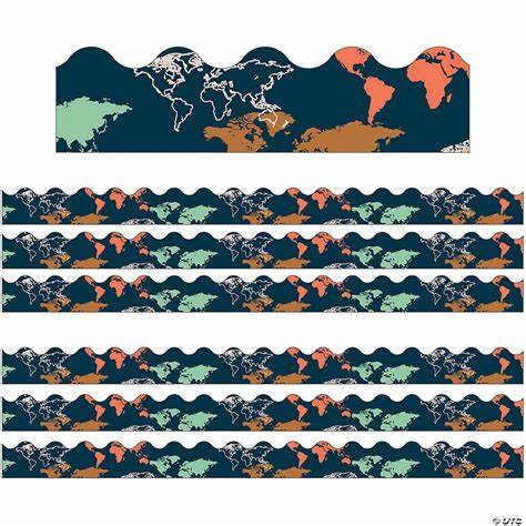 WORLD MAP SCALLOPED BORDERS   LETS EXPLORE, 13pcs 3''x36'(7.6cmx10.9m)