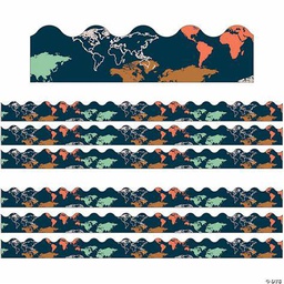 [CD108481] WORLD MAP SCALLOPED BORDERS   LETS EXPLORE, 13pcs 3''x36'(7.6cmx10.9m)