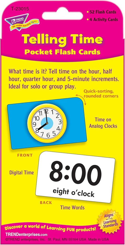 Telling Time Pocket Flash Cards Two-sided (56cards)