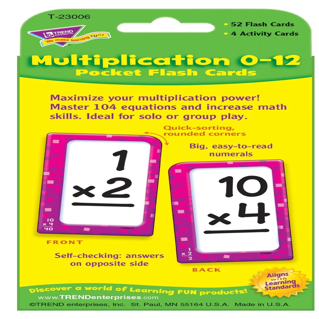Multiplication 0-12 Pocket Flash Cards Two-sided (56cards)