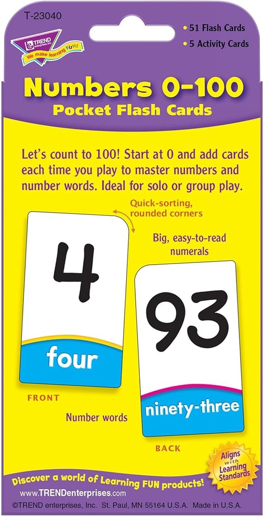 Numbers 0-100 Pocket Flash Cards Two-sided (56cards)
