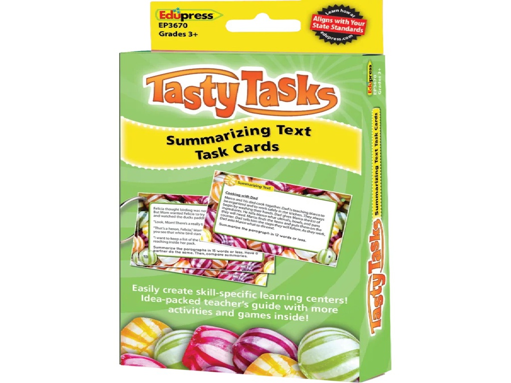 Tasty Task Cards: Summarizing Text 96 Practice Questions (48 double sided cards)