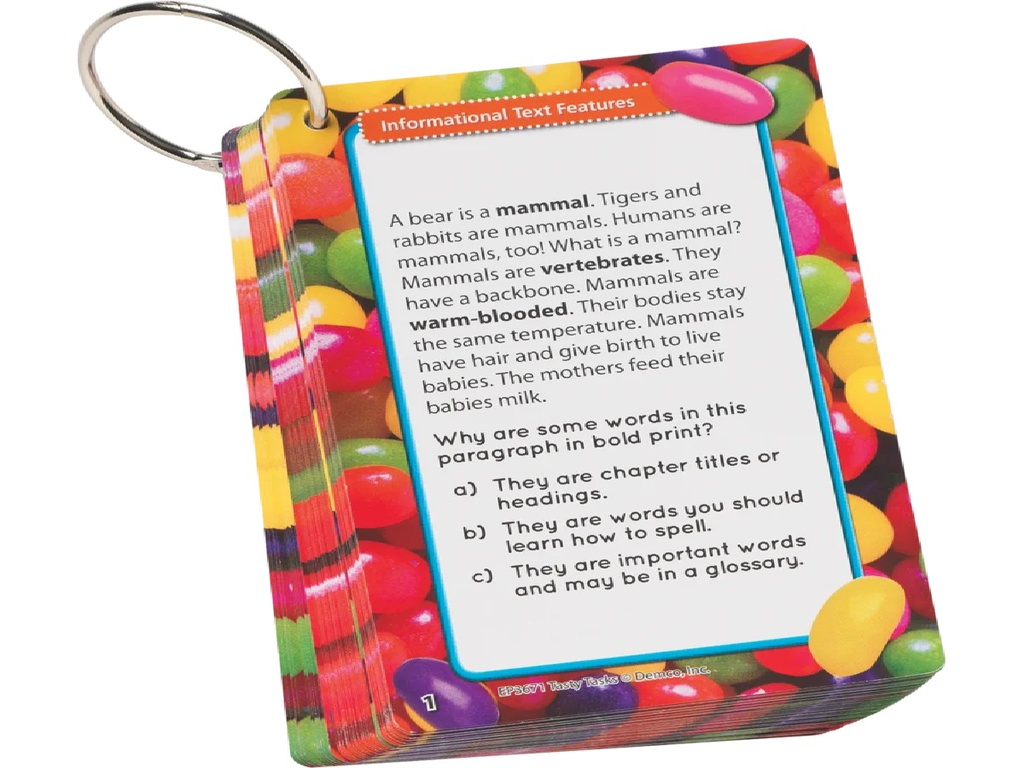 Tasty Task Cards, Informational Text Features 96 Practice Question (48 double sided cards)(Gr:2+)
