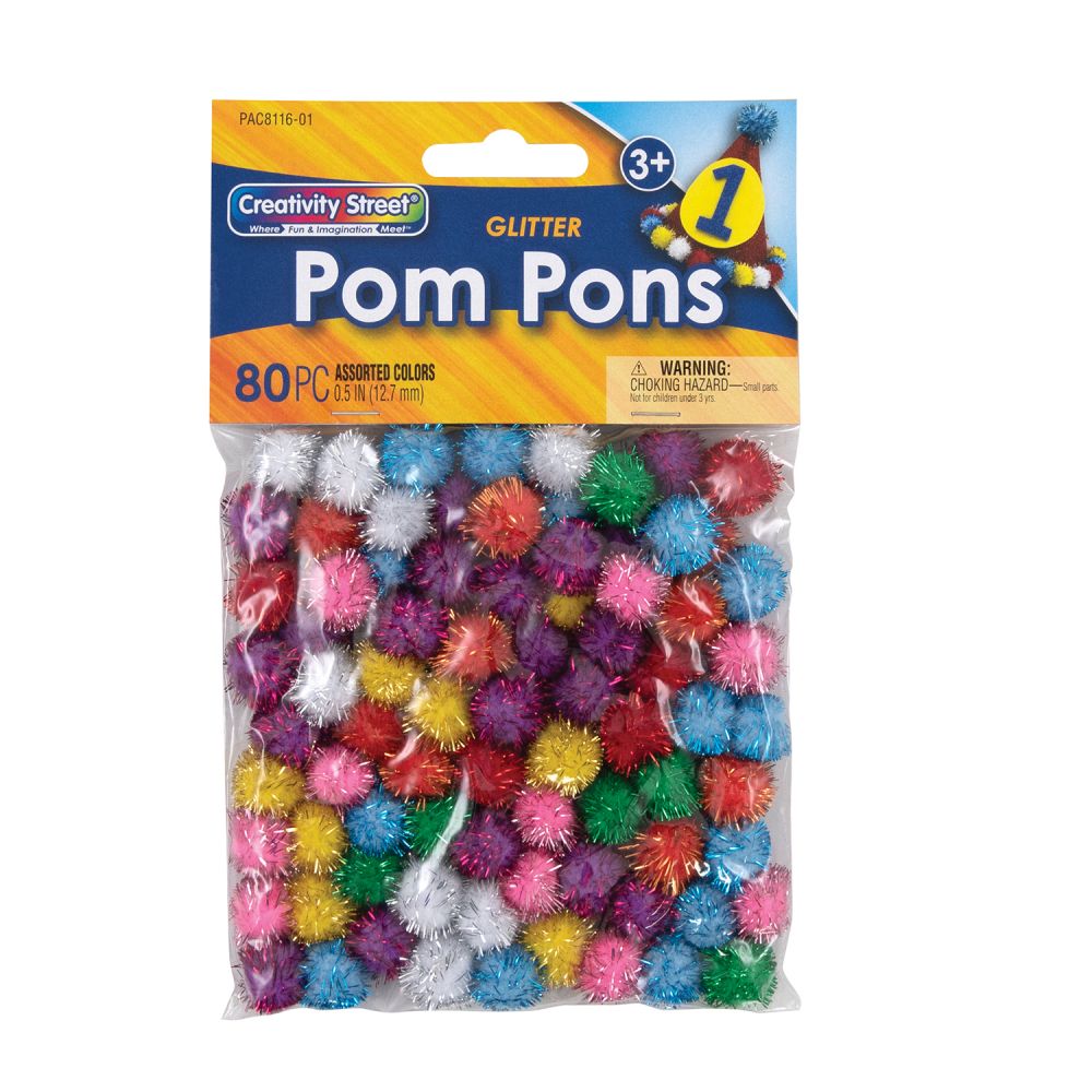 POMS ASSORTED GLITTER .5 IN 80CT