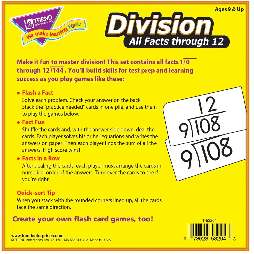 Division 0-12 Flash Cards (156 cards)