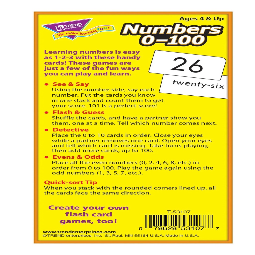 Numbers 0-100 Flash Cards Two-sided (101cards)(4+yrs)