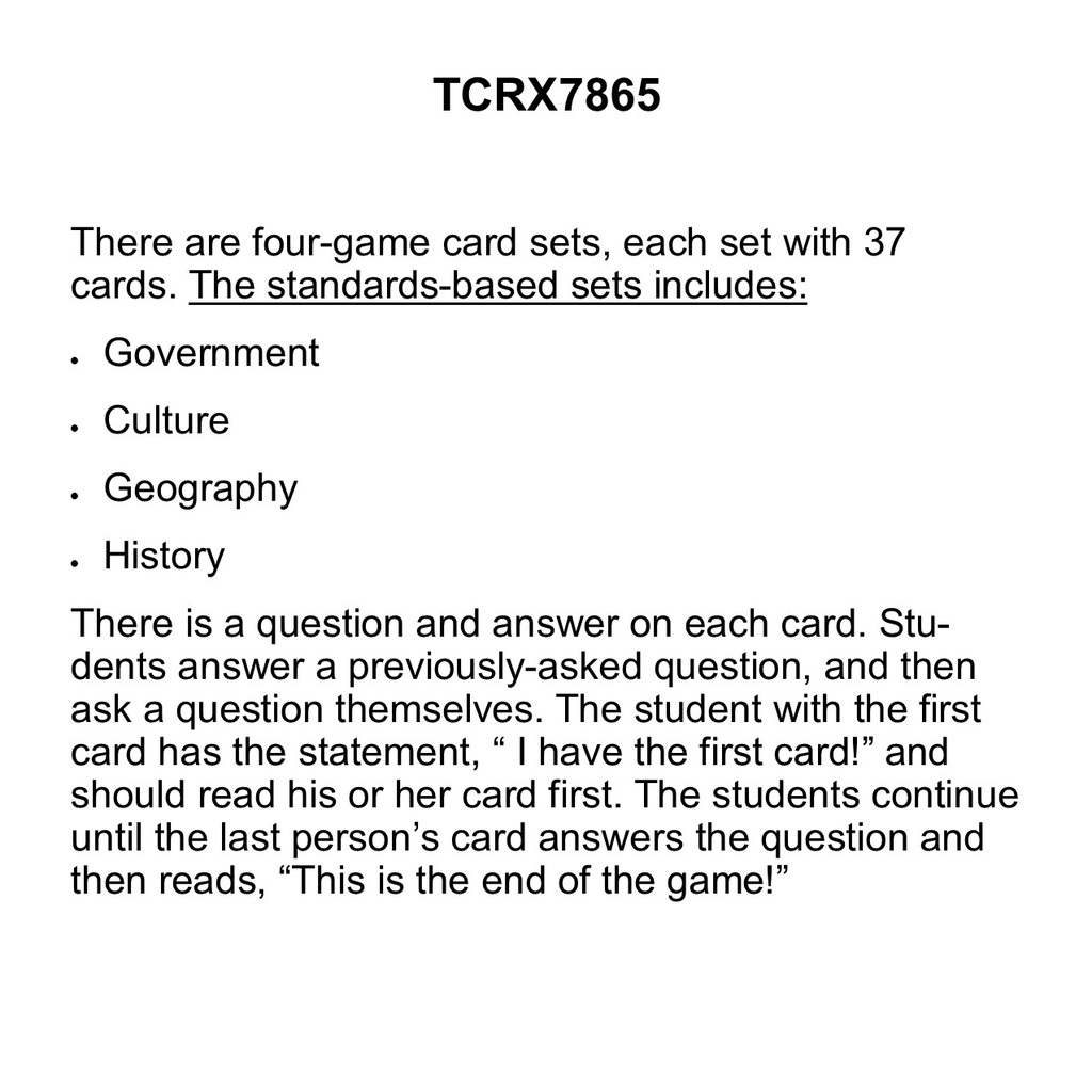I Have... Who Has...? Social Studies Game (Gr. 4) (37cards)