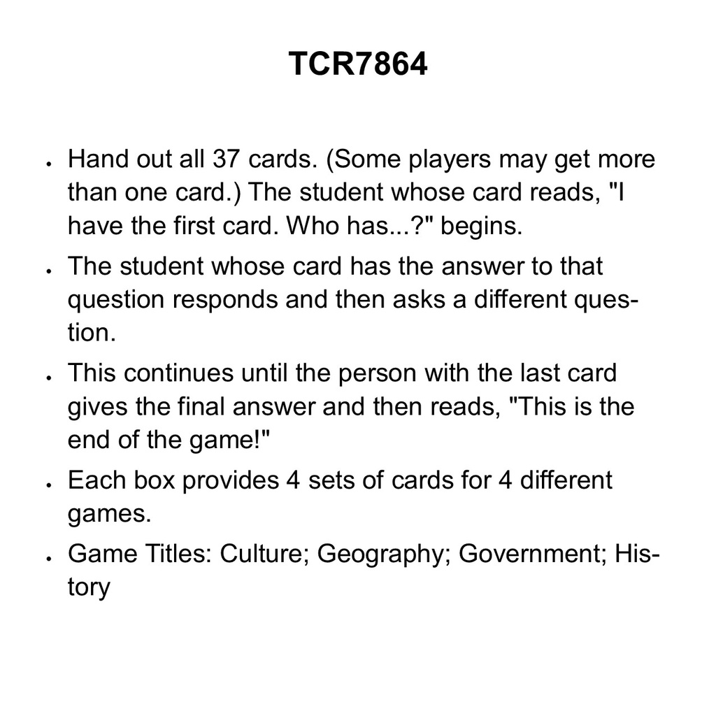 I Have... Who Has...? Social Studies Game (Gr. 3) (37cards)