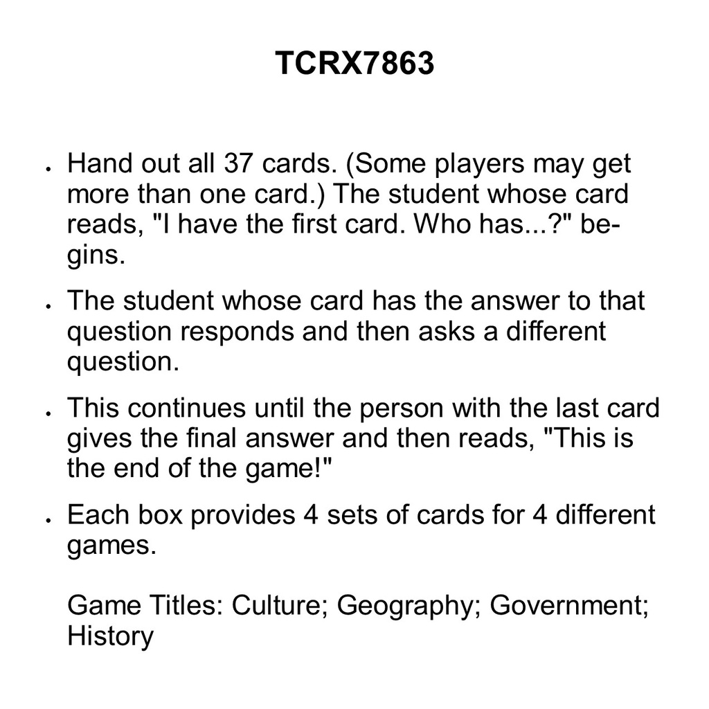 I Have... Who Has...? Social Studies Game (Gr. 2) (37cards)