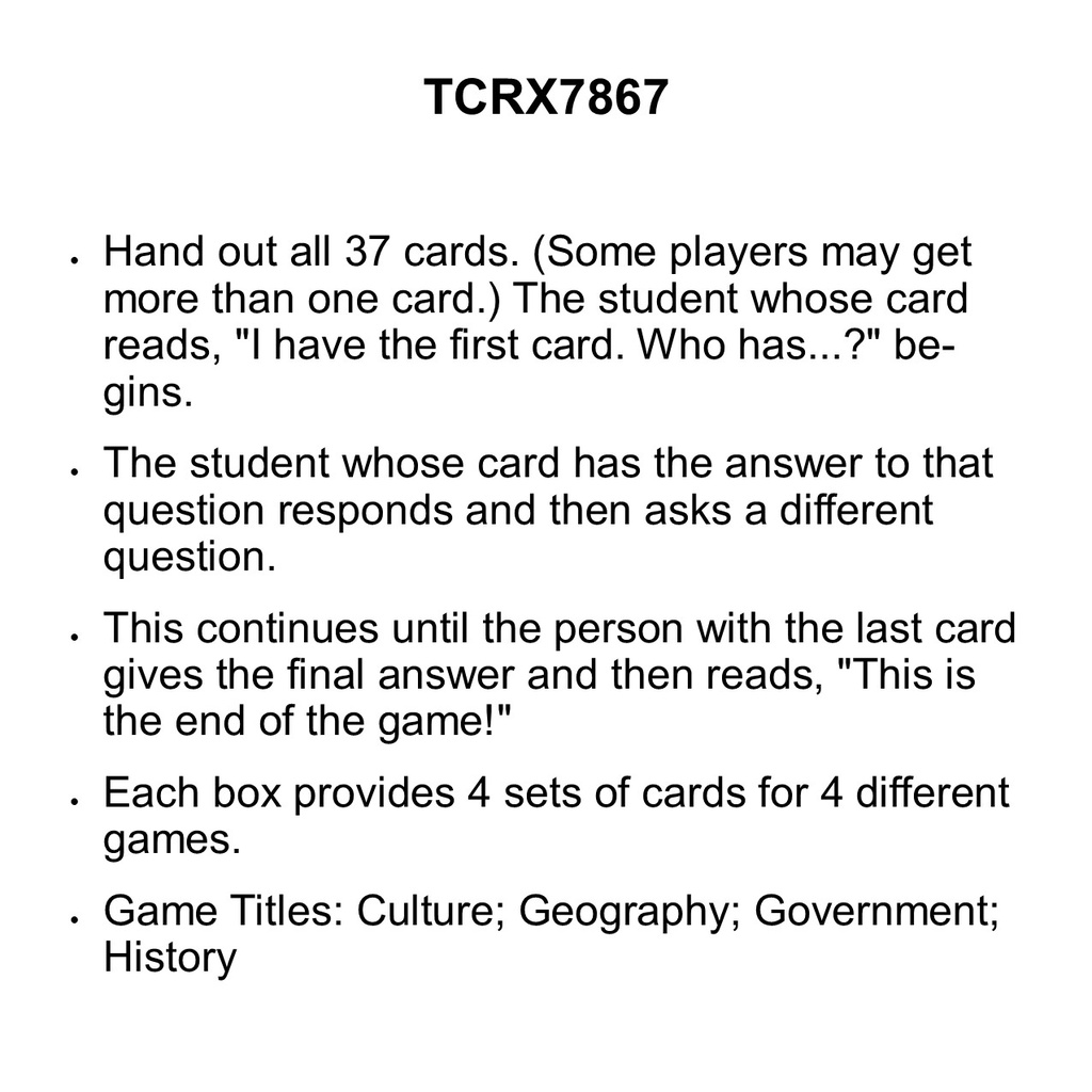 I Have... Who Has...? Social Studies Game (Gr. 6) (37cards)