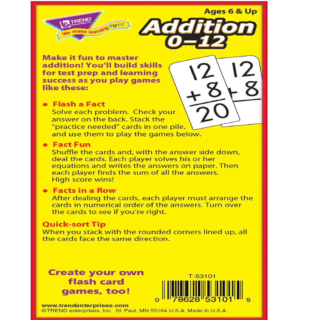 Addition 0-12 Flash Cards Two-sided (91cards)