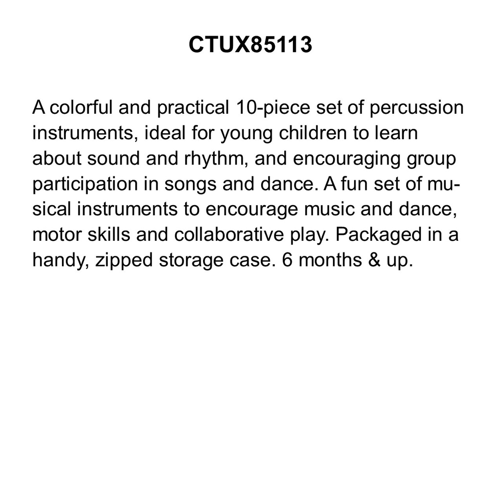 EARLY YEARS MUSIC SET(10pcs)(2 hand bells,2 grip rattles,3 hand shakers,2 rainmakers and an ocean drum in a zipped storage bag)