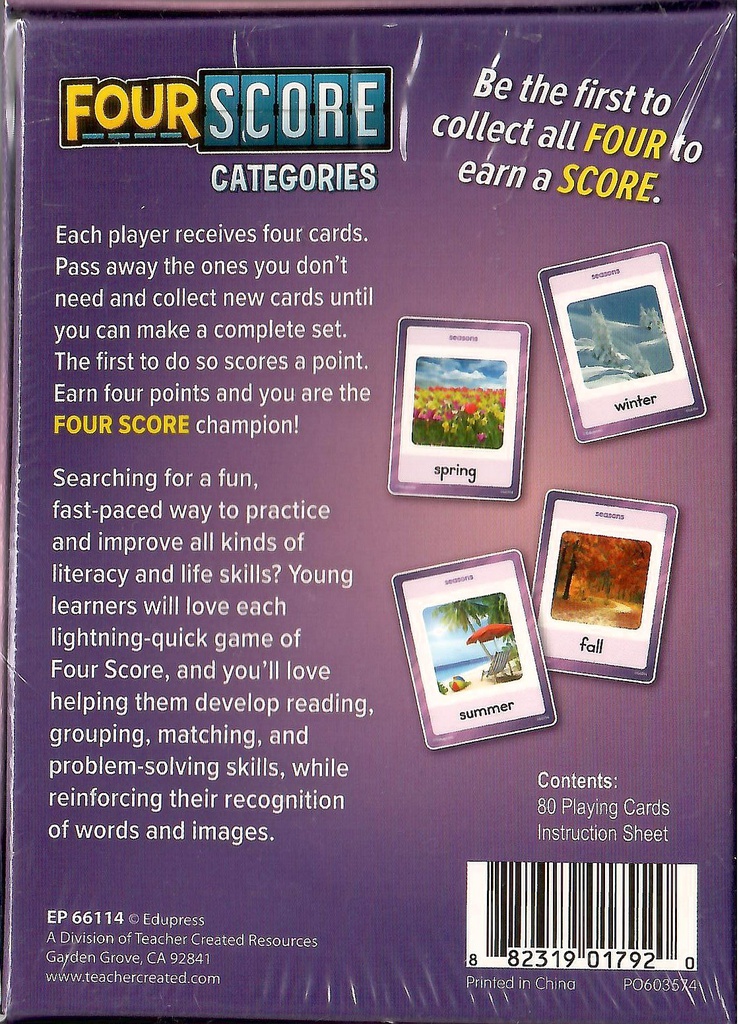 Four Score Card Game: CATEGORIES  Age: 6+ (80cards)