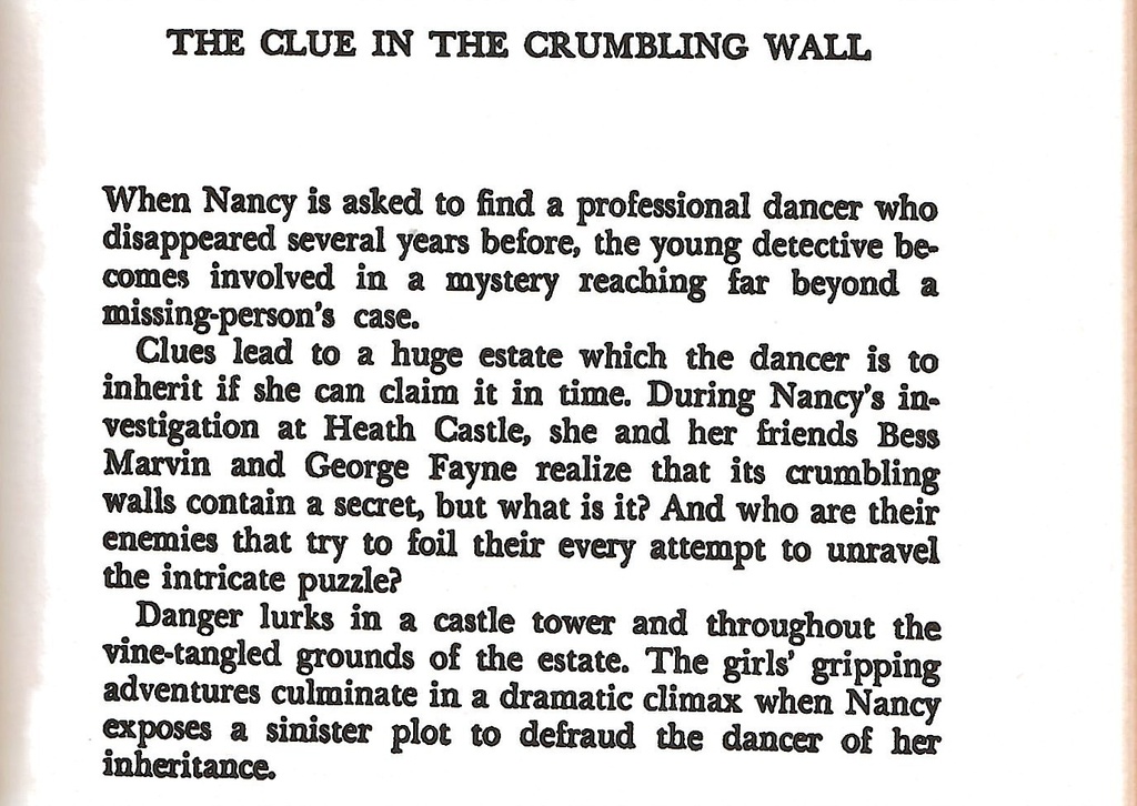 NANCY DREW #22: THE CLUE IN THE CRUMBLING WALL(8-12yrs)