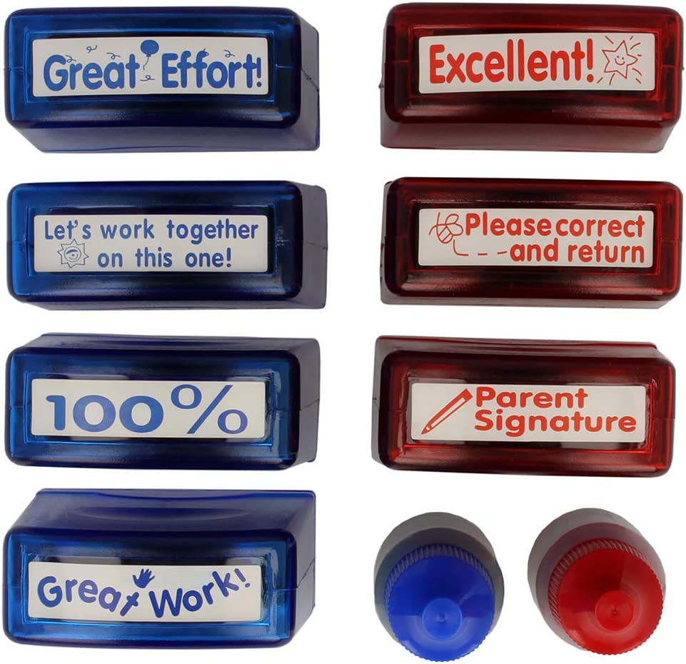 Teacher Stamp Set -7 Stamps -Red &amp; Blue Refill Ink - Storage Tray Included