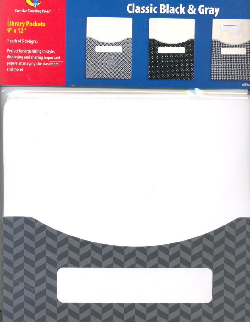 CLASSIC BLACK &amp; GRAY LIBRARY POCKETS- Ex (Lg 23cmx30cm-9''x12'') (10 pockets)