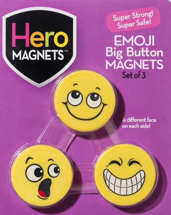 HERO MAGNETS EMOJI (3/PK) BIG BUTTON MAGNETS(1.3″Dx0.50″T)(3.3cmx1.2cm)