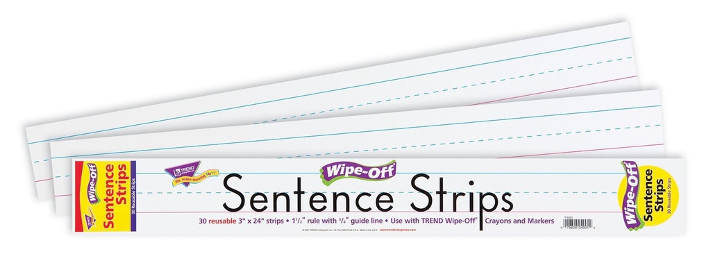White WIPEOFF Sentence Strips (3''x24")(7.6cmx60.9cm)(30strips)