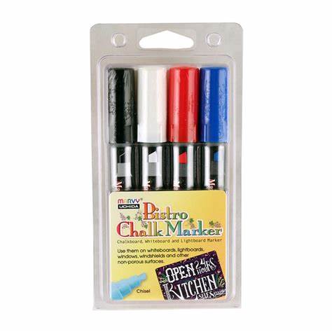 BISTRO Chalk Markers - 4 clr W/BK/R/BL