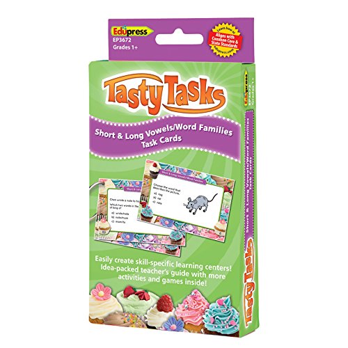 Tasty Task Cards, Short &amp; Long Vowels/Word Families 96 Practice Questions (48 double sided)(3.5''x5.5'')(8.8cmx14cm)