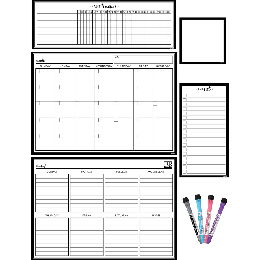 BLACK &amp; WHITE MAGNETIC DRY-ERASE CALENDAR 17" x 12" (43cm x 30.5cm)