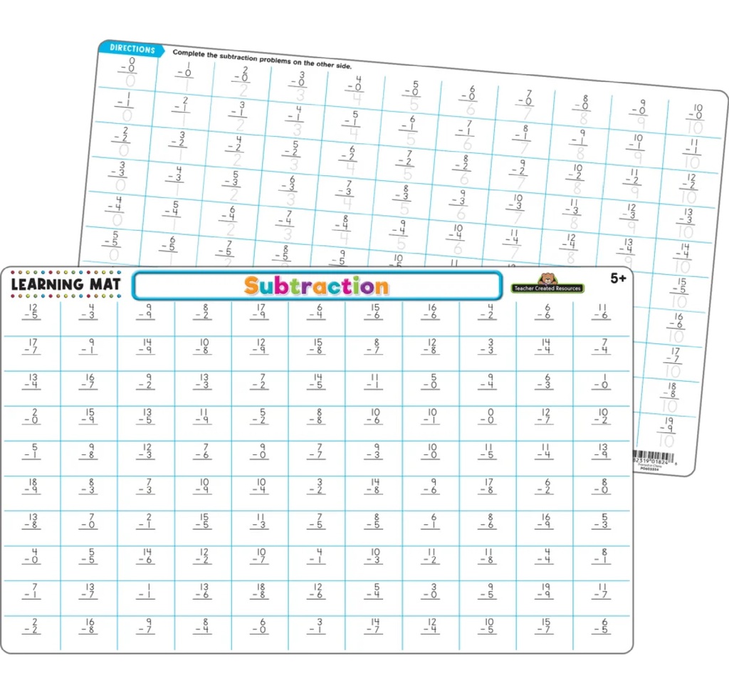 SUBTRACTION LEARNING MATS 17"x 11.5" (43cm x 29cm)