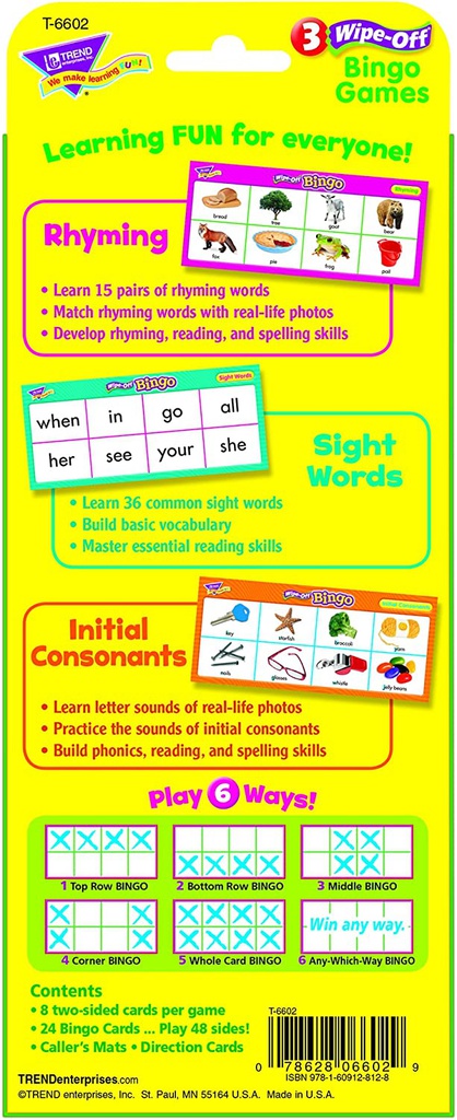 RHYMING/SIGHT WORDS/INITIAL CONSONANTS WIPE-OFF BINGO GAME