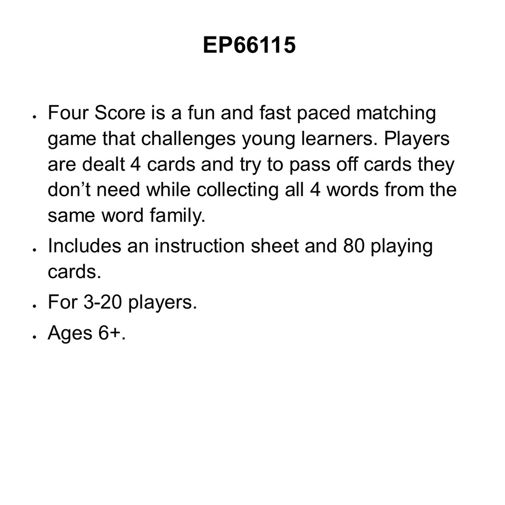 Four Score Card Game: WORD FAMILIES  Age: 6+ (80cards)