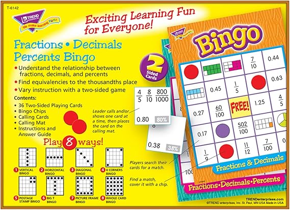 Fractions, Decimals, &amp; Percents Bingo Ages 10 &amp; up    (2-sided)(44word and marks)