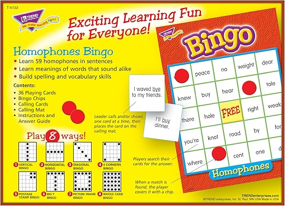 Homophones Bingo Build spelling &amp; Voc. Ages 9 &amp; up Play 8 ways (36cards)