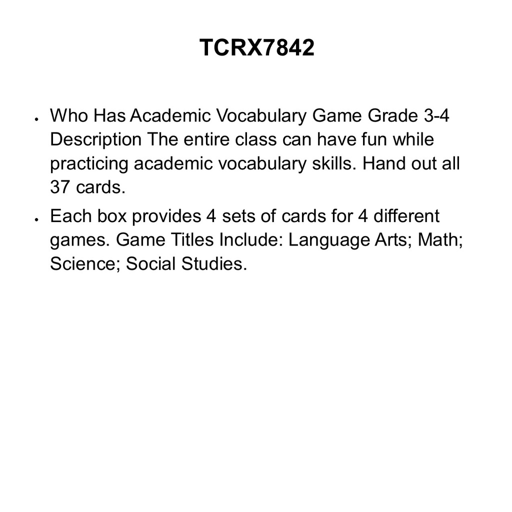 I Have... Who Has...? Academic Vocabulary Game (Gr. 3–4) (37cards)