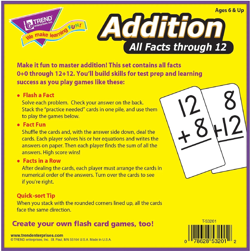 Addition 0-12 All Facts Flash Cards (169 cards)(6+yrs)