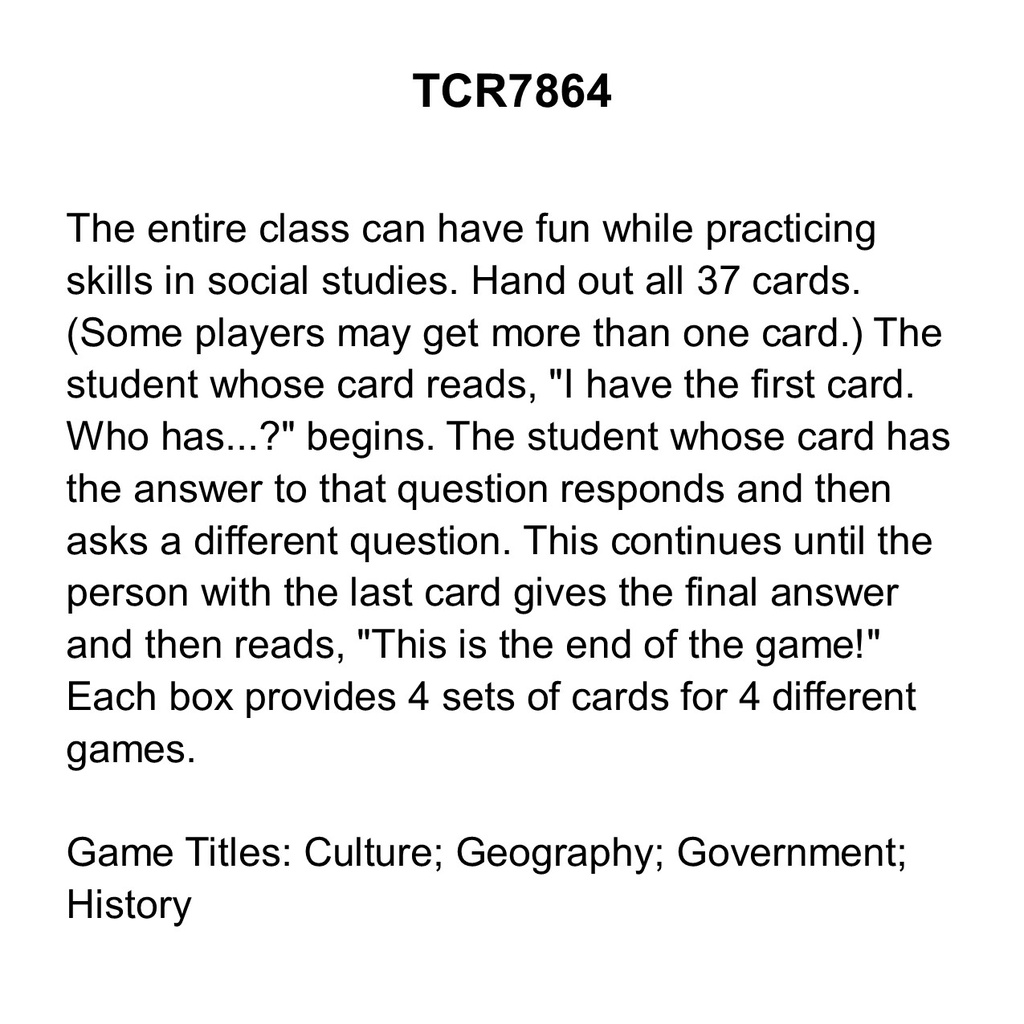 I Have... Who Has...? Social Studies Game (Gr. 3) (37cards)