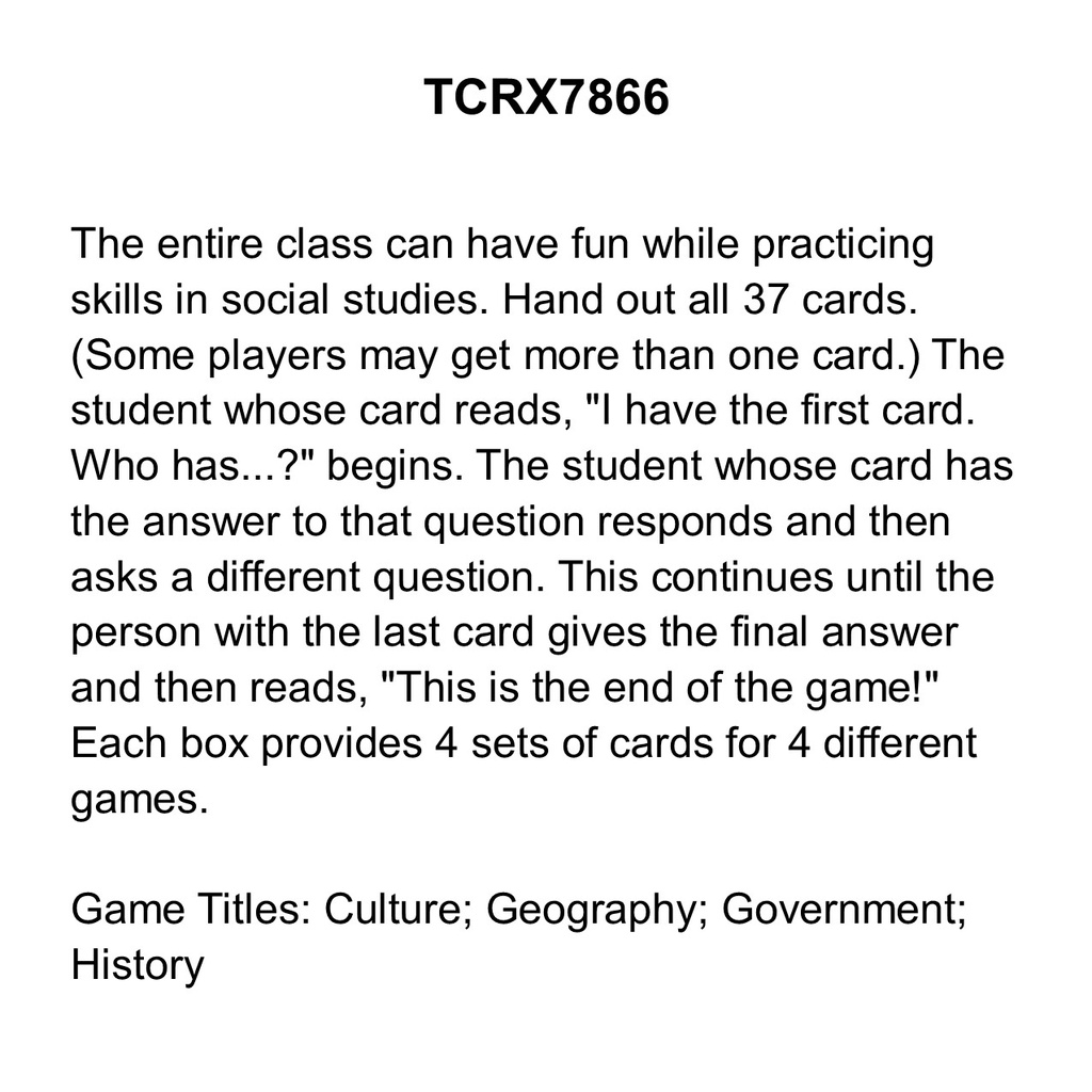 I Have... Who Has...? Social Studies Game (Gr. 5)(37cards)