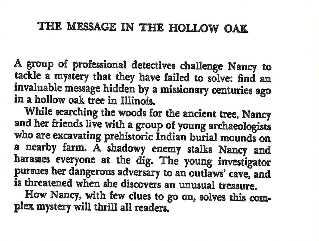 NANCY DREW #12: THE MESSAGE IN THE HOLLOW OAK (9-13yrs)