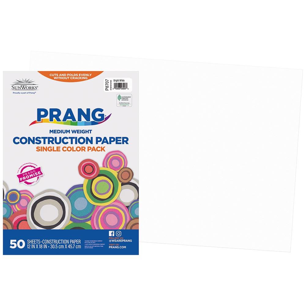 PRANG CONSTRUCTION PAPER 12&quot;x18&quot; (30.5cm x 45.7cm) BRIGHT WHITE (50CT)