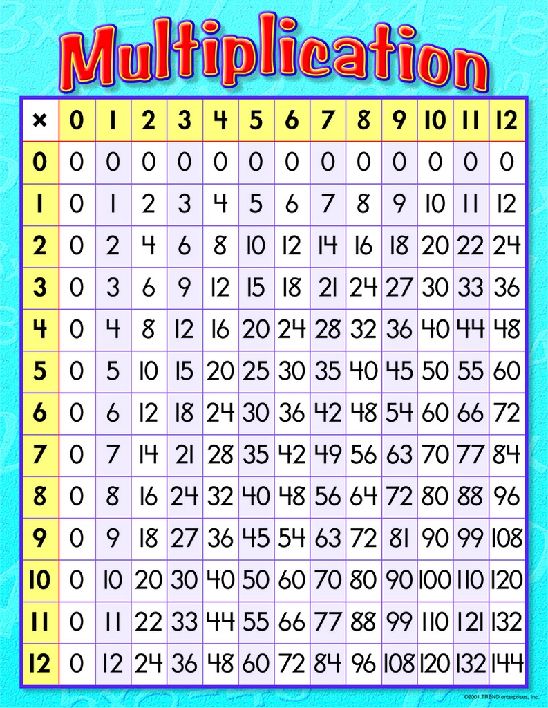 Multiplication Chart 17" x 22" (43cm x 56cm)
