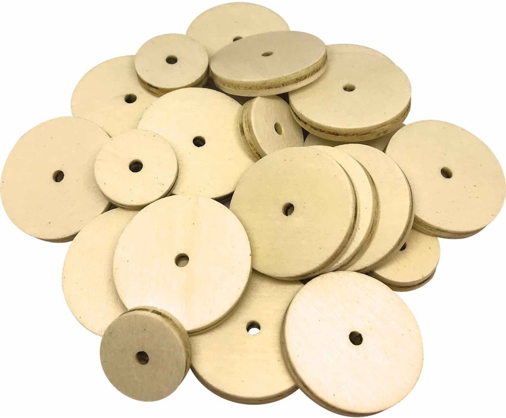 STEM Basics: Wooden Wheels  (60pcs)assorted size(1.25''x0.18''- 0.75''x0.18'')(3cmx0.4cm- 2cmx0.4cm))