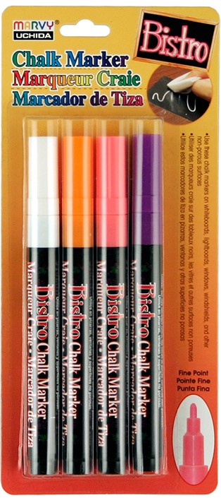 BISTRO Chalk Markers -Fine 4 Fluorescent Colors (V,OR,R)  with White